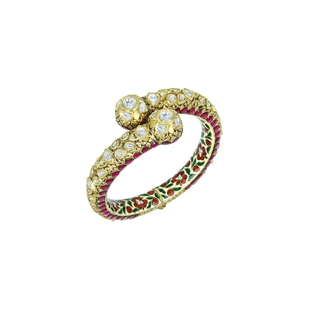 Floral Polki Cuff Bangle with Vibrant Enamel